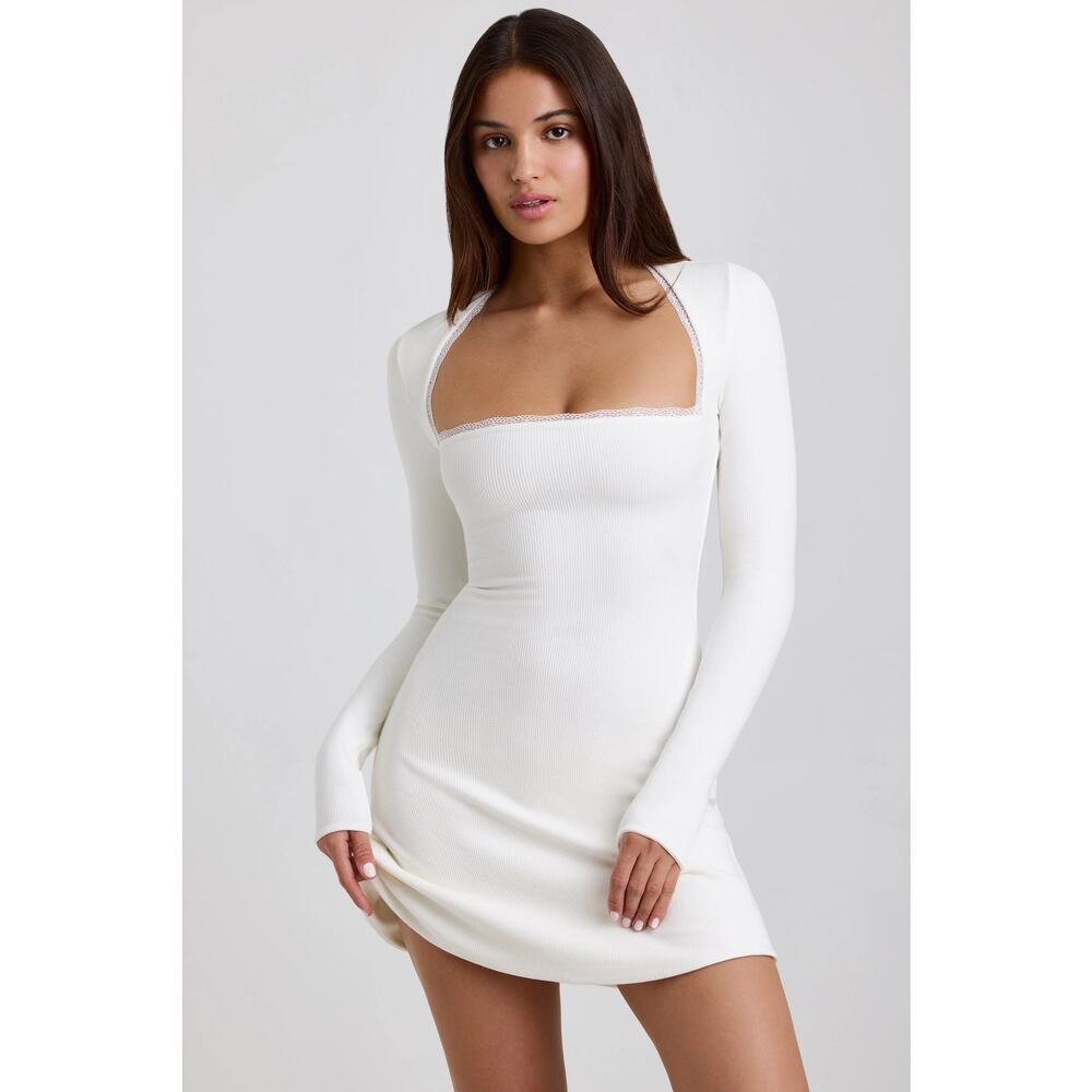 Oh Polly White Lace Trim Mini Dress Ribbed Square Neck Long Sleeve
